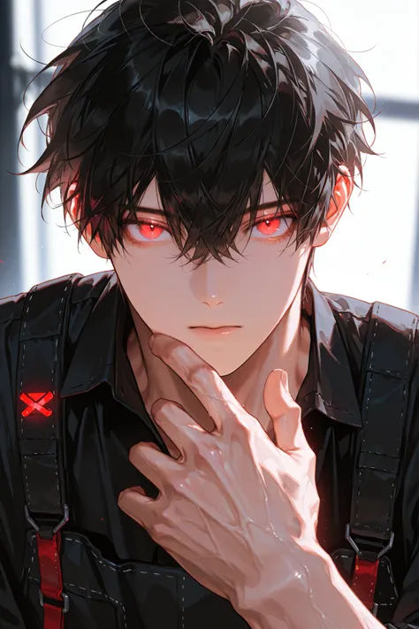 1man,Muscular,manly,handsome, sensual, red eyes, eyelashs,soft glowing eyes, black hair,messy hair, short hair,bang,hair between eyes, close mouth,expressionless,Black mechanic costume,Motorsports,, close up, lustrous skin, shiny skin, intricate details, f...