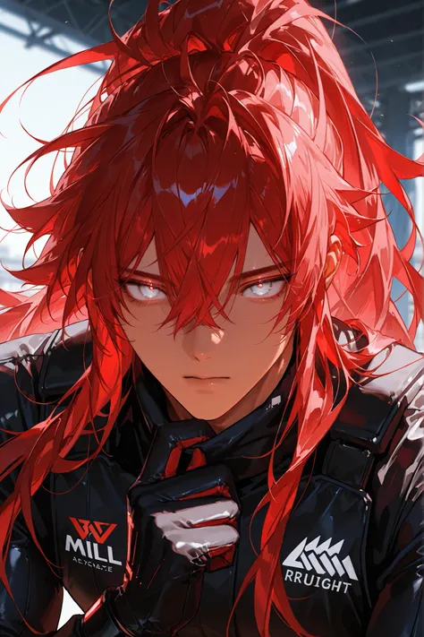 1man,tan,Muscular,manly,Tough,wild,handsome, sensual, silver eyes,eyelashs,soft glowing eyes,red hair,messy hair, abundant hair,long side hair,very long high ponytail,hair between eyes, close mouth,Frowning,expressionless,Black Racing Suit,Motorsports, clo...