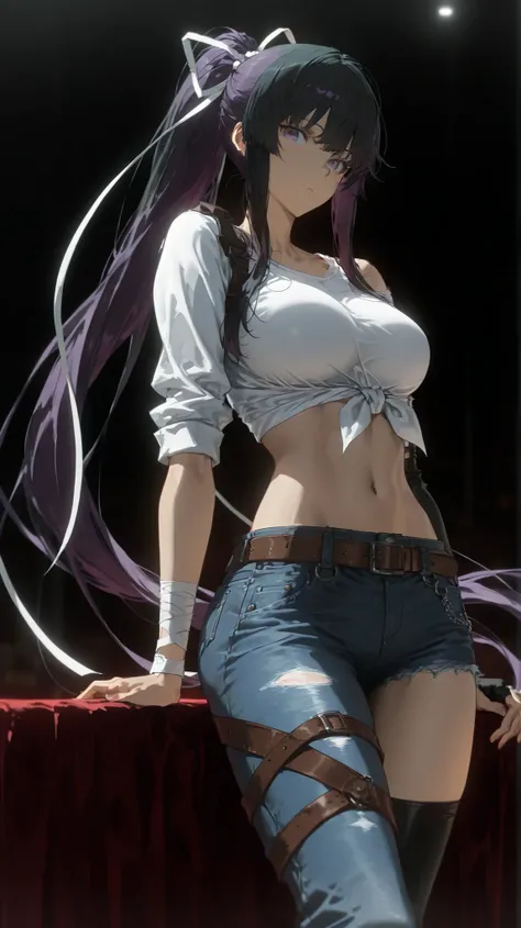 looking at the viewer, asymmetrical clothes, navel, purple eyes, very long hair, tied shirt, midriff, hair ribbon, single pantsleg, white shirt, ponytail, black hair, large breasts, jeans, white ribbon, brown belt, purple hair, asymmetrical legwear, 1girl,...