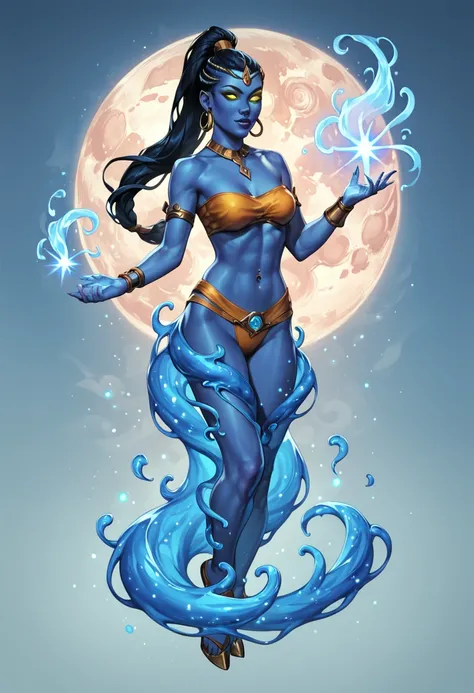 ((Female genie,HD realistic face nose lips and eyes,eyliner and makeup,dark blue skin, yellow eyes,crackling magic,long ponytail,eldritch aura,nebula background,silken bandeau and pantaloons attire,full body shot:1,3),humanoid arms with five fingers