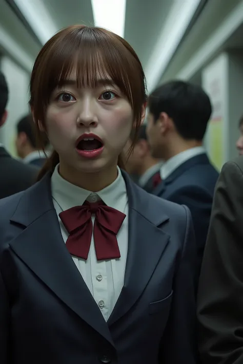 A high resolution photograph of a young beautiful Japanese woman in school uniform standing inside a crowded train car.
She has petite body, brown hair and pale skin.
(A strange man grabs her breasts from behind. The man's face is invisible:1.5).
Her eyes ...