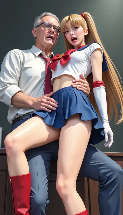 Hyperrealism, masterpiece, highest quality, A young Japanese woman is hugging by an ugly old man, ((she is crying and screaming in pain)), tears from her eyes, she is wearing a Sailor Moon costume, Blue sailor collar, Blue short mini pleated skirt, she is ...