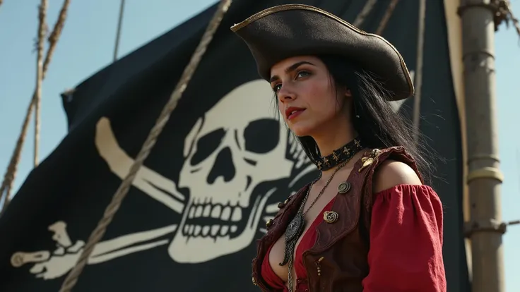A big black pirate flag with a giant skull. Sword pirate battle against a stunning young female pirate in close-up, dégageant confiance et charme. She is wearing a sturdy but revealing pirate outfit with an exaggeratedly deep neckline that highlights her a...