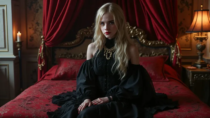 Create an image of a young gothic aristocrat, with red eyes, blond silver and very long victorian curls hair style, pretty like a doll, long and thin waste, full body image, sittin on her gothic bed. 
