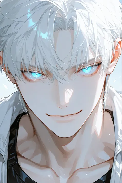 1man,pale skin, Muscular,manly,handsome, sensual, blue eyes, sharp and cold eyes, eyelashs, soft glowing eyes, white hair, short hair,bang, curtained bang, half bang, slightly smile,white mechanic costume, Motorsports, Viewer,close-up,sexy expression,