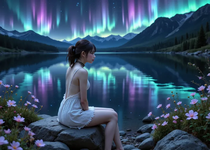 Large lake in the forest、A cute Japanese girl sitting on a big rock on the shore、she looks up at the sky、 perfectly aligned to cover her eyes、 Her lips are dark, and she wears a black choker with a metal ring in the center、in a dress with white frills、Spri...