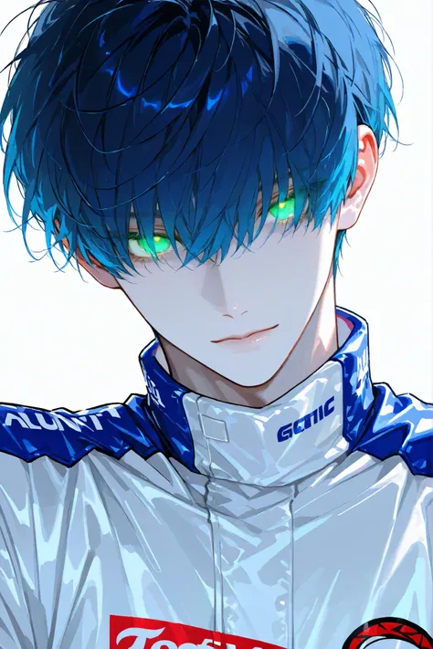 1man, adult male,pale skin,Twink,pretty,sexy,cool,handsome,tall,Mature,sensual,green eyes,eyelashs,soft glowing eyes,blue hair,Messy hair,blunt bangs,hair over eyes,pixie cut,Expressionless,Motorsports,White_Racing Suit,Viewer,close-up,sexy expression