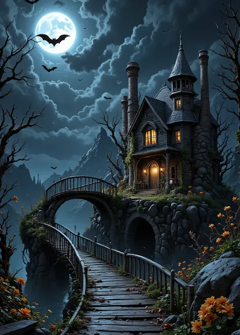 Fairyland 、I can see an old wooden bridge over the island、I Can See a Haunted House That Almost Collapsed、 there is thin moss growing on the roof、 can see the light from the window 、I can see an old wooden bridge over the island、Dead Trees and Flowers、...
