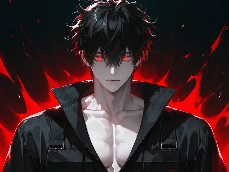 1 man,pale skin, Muscular,manly,handsome, sensual, red eyes, sharp and cold eyes, eyelashs,soft glowing eyes, black hair,messy hair, short hair,bang,hair between eyes, expressionless,Black mechanic costume,Motorsports
