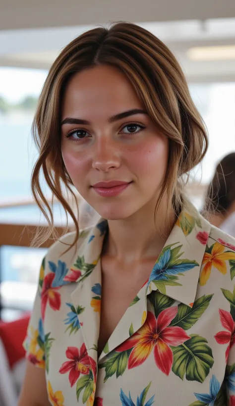 high definition images,a young woman with brown tanned, Warm complexion , freckled skin with wavy brown hair 2c wavy, brown eyes, serene expression, , born, ultra High Resolution, 8K, open mouth camera, At sea on a yacht, Vacation photos, paradise isla...