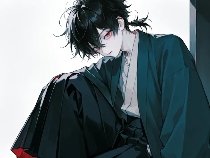 1 boy, young, thin eyes, pale skin, eshort hair, messy hair, black hair, short hair, low pony tail hair, bangs, red eyes, eye lashs, ((((hakama)))), Japanese traditional male overcoat, yukata,