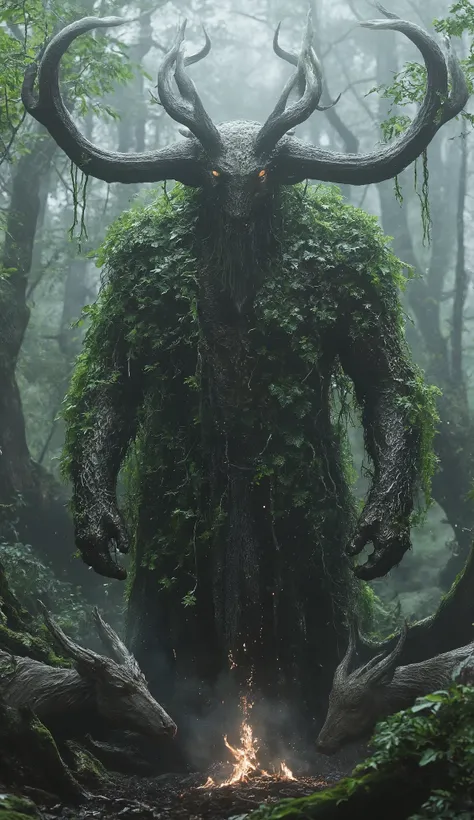 **"A titanic Celtic god Cernunnos, antlered and cloaked in vines, standing in an enchanted forest, animals bowing before him, ultra-detailed foliage and mystical fog, 8K ultra-HD fantasy illustration."**