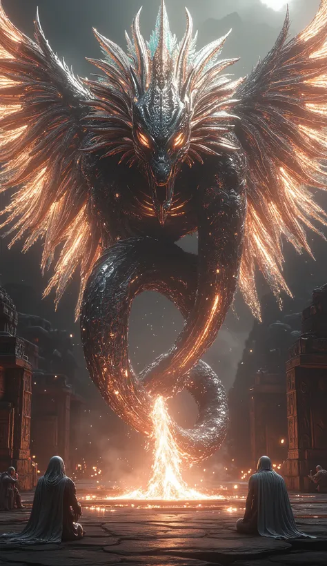 **"An enormous Aztec god Quetzalcoatl, a winged serpent with iridescent feathers, descending upon an ancient temple, priests offering sacrifices, ultra-realistic textures, 8K cinematic lighting."**