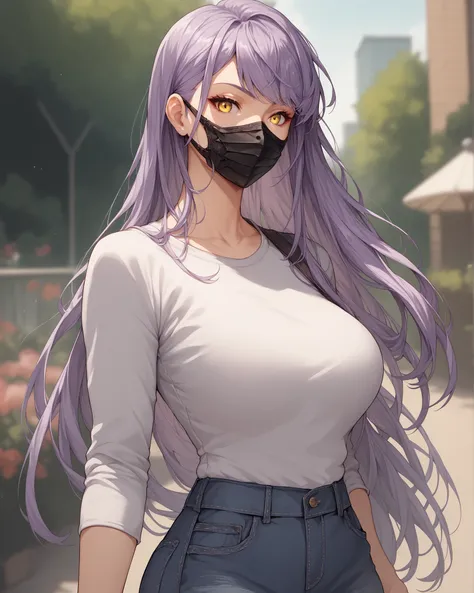 Anime girl with purple long mullet hair, side bangs, wears a mask, yellow sharp eyes, Solo, High Resolution, blurred background, casual clothes, Breasts, Best Quality, curvy, thick