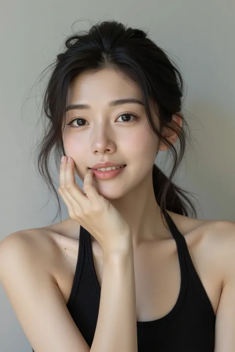 Create an image of a Asian woman. Model Poses, She is Chinese Super Celebrity, Korean Idol Girl. A charming smile, Although, Very charming. Clear skin , Sometimes use slightly messy hair to create a natural look. Almond eyes, sharp eyesight ,usually has a...