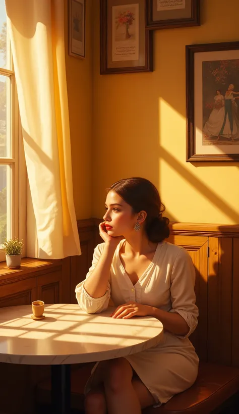 in a sunny cafe corner, golden light dancing on a vintage framed wall, Create a warm atmosphere, บรรยากาศเต็มไปด้วย nostalgia . . She sits gracefully at the marble table,, magnificent art,Refined,high quality walkers,clear focus,of bright colors,HDR,4K,Lig...