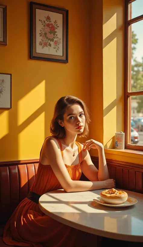 in a sunny cafe corner, golden light dancing on a vintage framed wall, Create a warm atmosphere, บรรยากาศเต็มไปด้วย nostalgia . . She sits gracefully at the marble table,, magnificent art,Refined,high quality walkers,clear focus,of bright colors,HDR,4K,Lig...