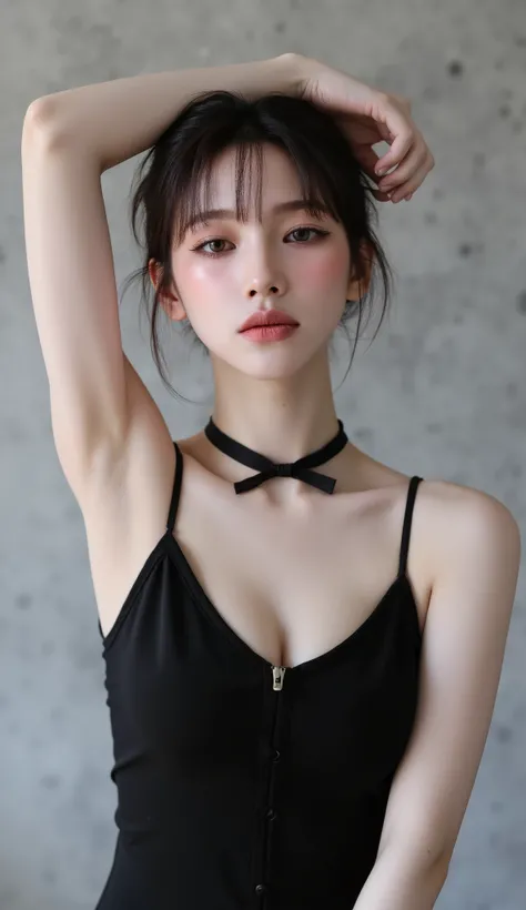 Imagine a realistic korean woman, ballet dancer pose, sutil smile, staring at the viewer, nude, naked detailed chest, real photo, arms up, full body shot, black tank top, black choker. In a slightly dark apartment room with a window view of city lights at ...