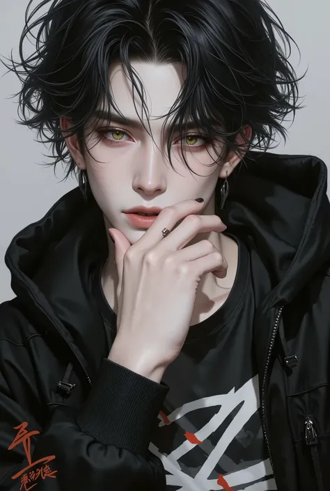 8k, masterpiece, Top Quality, close up, Overlooking the line,  male, Gokuan Junxiu, White Skin, Golden Pupils, soft expression, black fluffy short hair, Graffiti T-shirt , Black Hooded Long Sleeve Jacket, Lazy ,  Soft light 