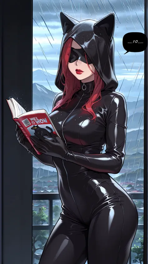 masterpiece, best quality, amazing quality, newest, very aesthetic, 1girl,Image is a comic book illustration featuring a female character in a sleek, black, form-fitting catsuit with cat ears on the hood, standing in a dynamic pose. The scene is set in a r...