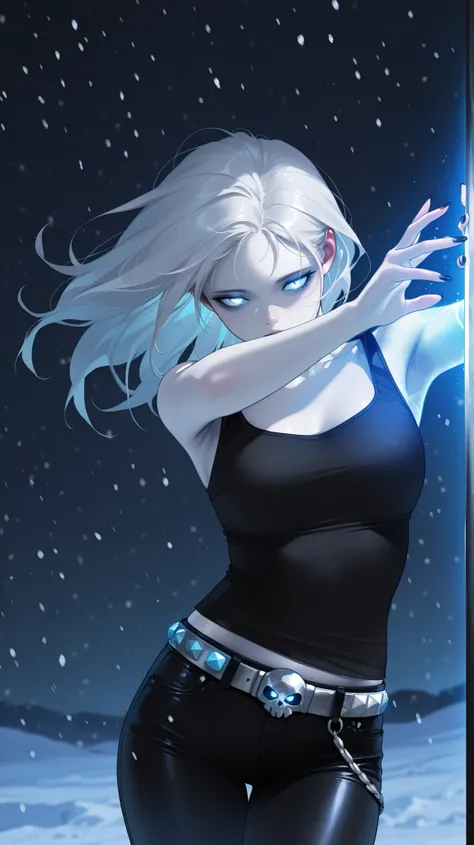masterpiece, best quality, amazing quality, newest, very aesthetic, 1girl,frozen pale skin,white hair,sky blue glowing eyes,dead sleepy eyes,pale soft lips,pale features,black tanktop,black jeans,silver skull belt,black nails,dynamic pose,dark snowing nigh...