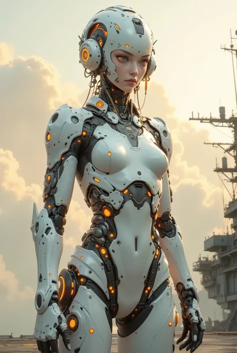 Ultra-modern cyber futuristic concept cyborg-android woman,in a white ceramic case, biomechanical fusion, ultra-detailed cybernetic head, hyper-realistic skin texture combined with a naked titanium endoskeleton, luminous neural implants, neon illumination ...