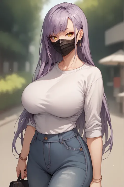 Anime girl with purple long mullet hair, side bangs, wears a mask, yellow sharp eyes, Solo, High Resolution, blurred background, casual clothes, Breasts, Best Quality, curvy, thick, Large breasts, 