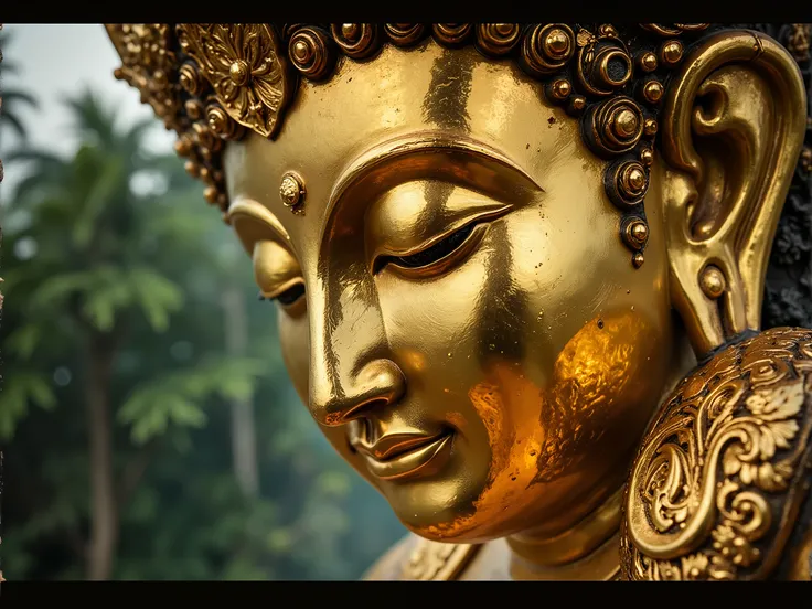 Shiny golden myanmar Buddha Face tilt shot