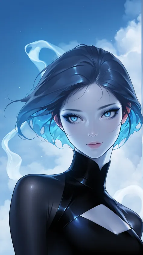 masterpiece, best quality, amazing quality, newest, very aesthetic, 1girl,Image is a digital painting featuring a stylized portrait of a woman with a striking, ethereal appearance. The artwork is characterized by its use of cool tones, predominantly shades...