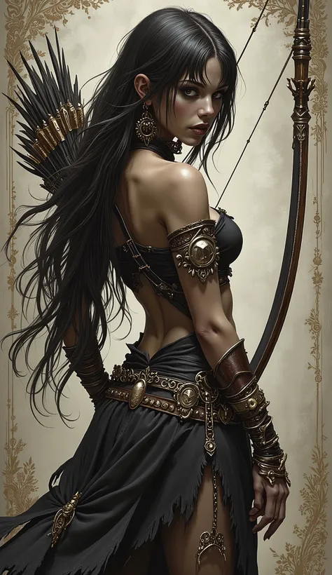 Realistic high-quality drawing. realism. High quality 4k, дикая амазонка Aim with a bow в джунглях. long dark hair, Sharone Stone face, bright dark makeup, dark eyes. Size 3 breasts, black native skirt with slits made of fabric strips long back short fron...