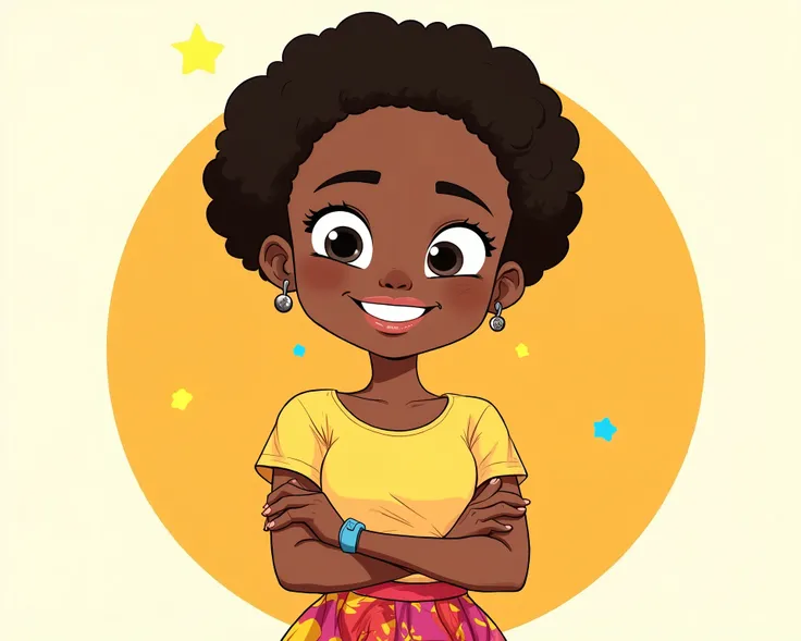 A Nigerian girl, standing, smiling, harms folded. Wearing casual short  gown dress. Cartoon illustration, flat color vector, full body view


no background