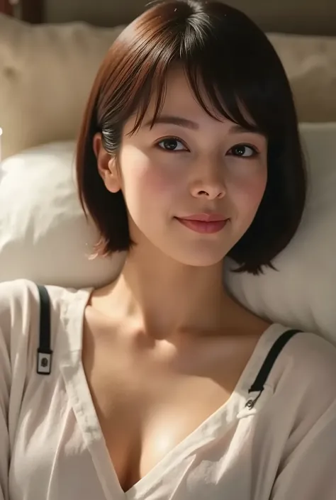 (( Best Quality )), ((masterpiece)), ( details),     Japanese woman,   first person view   ,  the girl was sleeping on her back  ,     sexy,(  in the bedroom),(((      abnormally large breasts     , dark colored underwear, short bob hair))),  black hair  ,...