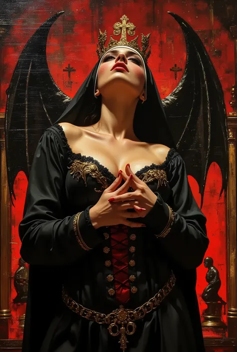  Mosaic painting a black wearwolf   in background, oil painting with visible impressionistic strokes ,A gorgeous curvy woman (( look alike of  Alline Haze ))as sexy  nuns,in black nun outfit, golden designer, a full-body photograph, embroidery work black v...
