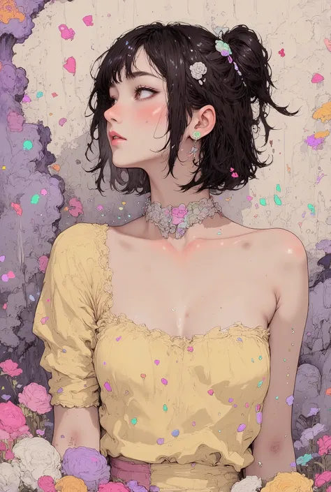 1 girl, detailed person, high resolution, 32K, realistic depiction, (((pale yellow off-shoulder blouse))), (masterpiece, highres, high resolution:1.2), (short hair:0.75), hairclip, (messy hair:1), choker, (earrings:0.1), necklace, (sidelocks), pink hair, (...