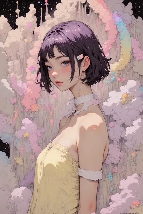 1 girl, detailed person, high resolution, 32K, realistic depiction, (((pale yellow off-shoulder blouse))), (masterpiece, highres, high resolution:1.2), (short hair:0.75), hairclip, (messy hair:1), choker, (earrings:0.1), necklace, (sidelocks), pink hair, (...