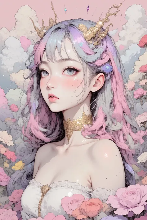 1 girl, detailed person, high resolution, 32K, realistic depiction, (masterpiece, highres, high resolution:1.2), (((pale yellow off-shoulder blouse))), (medium length hair), (((soft pink and soft silver hair of two colors equally on both sides))), choker, ...