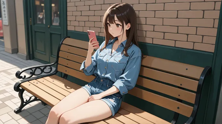 A girl is sitting on a bench in the street, wearing a denim shirt and denim shorts, and playing on her phone