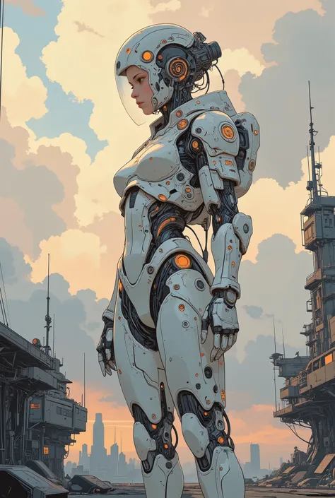 Ultra-modern cyber futuristic concept cyborg-android woman,in a white ceramic case, biomechanical fusion, ultra-detailed cybernetic head, hyper-realistic skin texture combined with a naked titanium endoskeleton, luminous neural implants, neon illumination ...