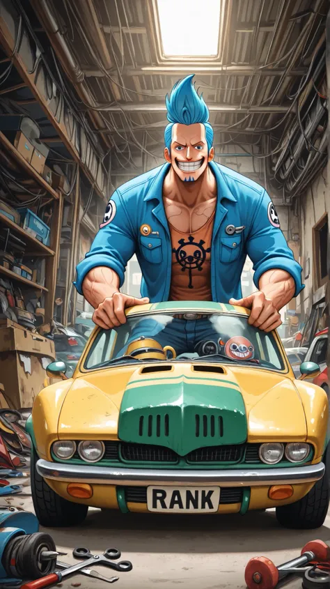 Franky from One Piece is in a messy garage, repairing a car with tools scattered around. He has a confident smile and in his typical mechanic's outfit, with a background full of parts and cars.