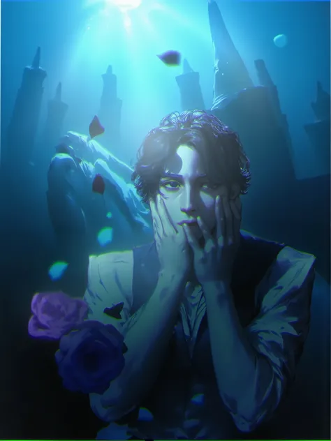 like sunbathed surfaces, Shine , bright, vivid 。but,hidden under the surface of the ocean, but流れの心臓部には隠されている,ripples that often occur in the mind。Clear line art, Whales swimming in the deep sea、blue rose petals dancing in the ocean、beautiful dark blue ...