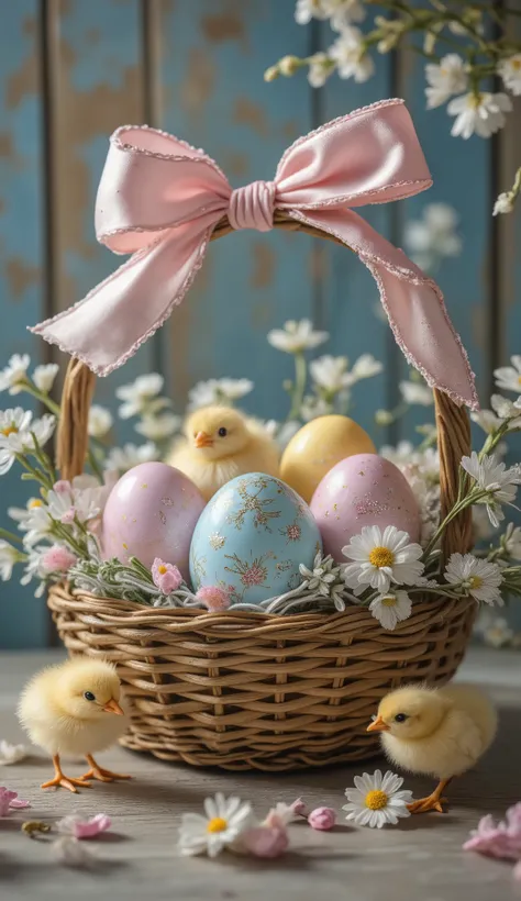 Ultra-realistic, high-detail Easter scene featuring a wicker basket filled with pastel-colored eggs and surrounded by delicate flowers. The basket is adorned with a large, silky pink bow tied in a perfect knot, its fabric gently reflecting soft light. The ...