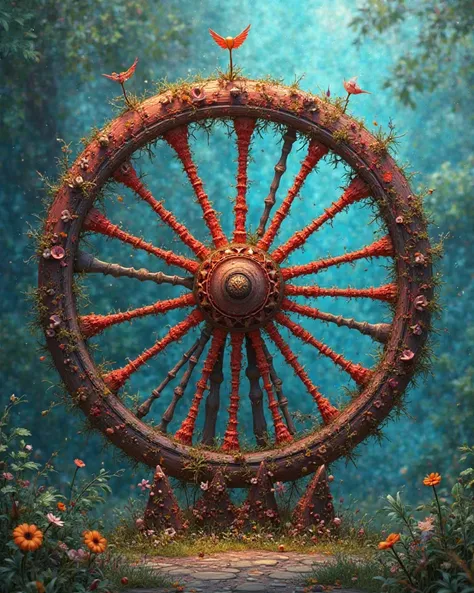 Create a gypsy wheel with flashy red and a creative background with a blue and green tone