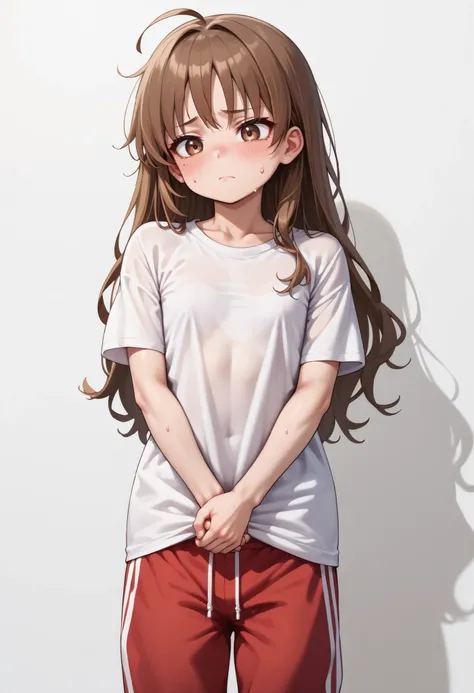 source_anime ,score_9, score_8_ up, score_7, ((White background)) ((Russian woman)) ((1girl)) (solo girl) ,30 years old, rathing_questionable (White oversized t-shirt:1.4) (Red sweatpants:1.2), brown eyes , (brown Long hair) , straight hair , ((small brea...