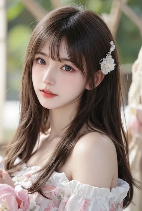1 girl，Beautiful and moving， floral pattern， glowing skin， charming gaze， Decorative clothing， natural lighting， shallow view deep， romantic environment， dreamy pastel color palette， Whimsical details， Capture on film，(8k, original photo:1.2), best quality...