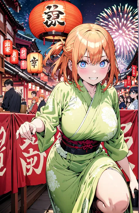  中野四葉, short hair, bungs, blue eyes,  o, orange hair that gets down to the knee, Eyebrows hidden by hair, half up do, Big Breasts,Green floral kimono, fireworks,turns around,smile,cover,grinning,standing,night,Red Lantern,full bodyがillustrationsに入るように,brea...
