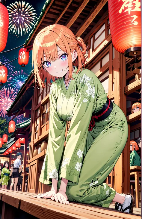  中野四葉, short hair, bungs, blue eyes,  o, orange hair that gets down to the knee, Eyebrows hidden by hair, half up do, Big Breasts,Green floral kimono,Light up fireworks,turns around,smile,cover,grinning,standing,night,Red Lantern,full bodyがillustrationsに入る...