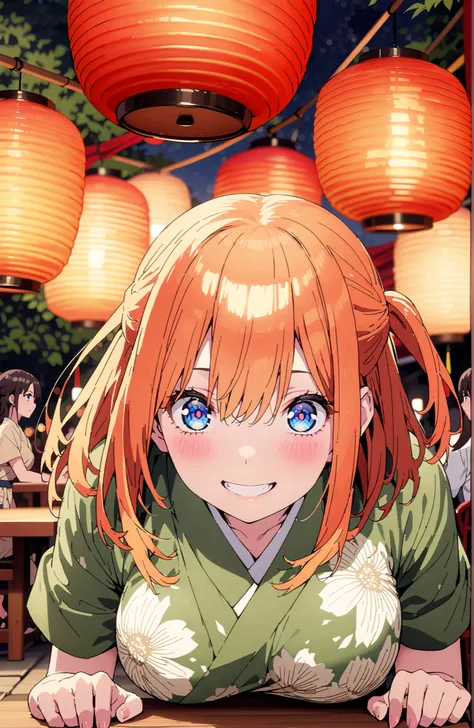  中野四葉, short hair, bungs, solo,blue eyes,  o, orange hair that gets down to the knee, Eyebrows hidden by hair, half up do, Big Breasts,Green floral kimono,Light up fireworks,turns around,smile,cover,grinning,standing,night,Red Lantern,full bodyがillustratio...
