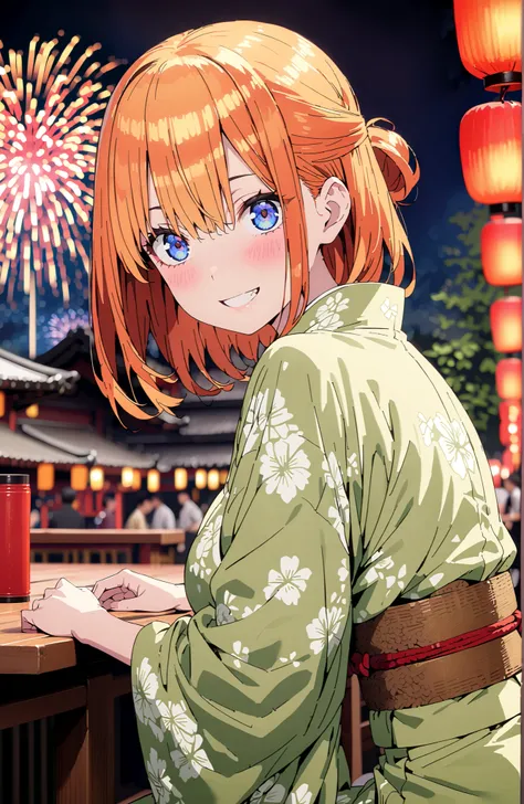  中野四葉, short hair, bungs, solo,blue eyes,  o, orange hair that gets down to the knee, Eyebrows hidden by hair, half up do, Big Breasts,Green floral kimono,Light up fireworks,turns around,smile,cover,grinning,standing,night,Red Lantern,full bodyがillustratio...