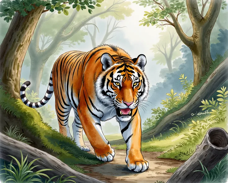A tiger walking carefully (stalking a prey) in the jungle woods
Water color illustration, no background
