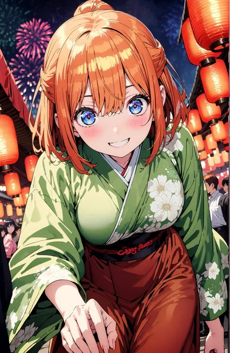  中野四葉, short hair, bungs, solo,blue eyes,  o, orange hair that gets down to the knee, Eyebrows hidden by hair, half up do, Big Breasts,Green floral kimono,Light up fireworks,turns around,smile,cover,grinning,standing,night,Red Lantern,full bodyがイラストに入るように,...